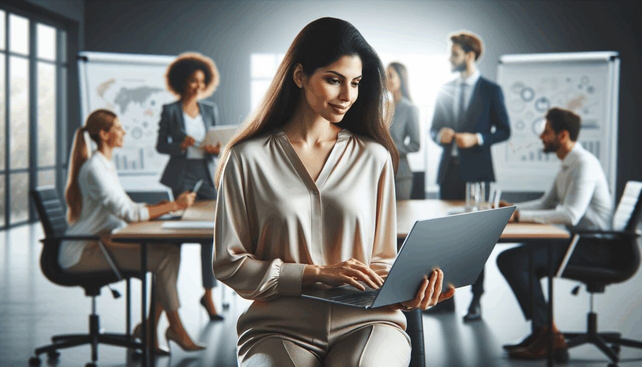 Mujer líder en una sala de reuniones moderna, trabajando en una laptop rodeada de equipos diversos en un ambiente tecnológico.