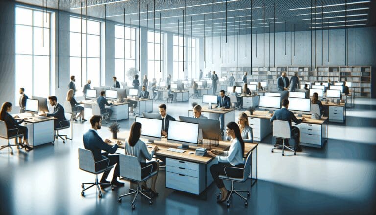 Oficina moderna con personas trabajando en computadoras, ambiente tecnológico y digital.