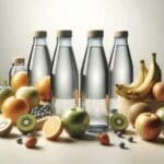 Botellas modernas y reutilizables sobre una mesa, rodeadas de frutas frescas y agua, estilo limpio y minimalista.