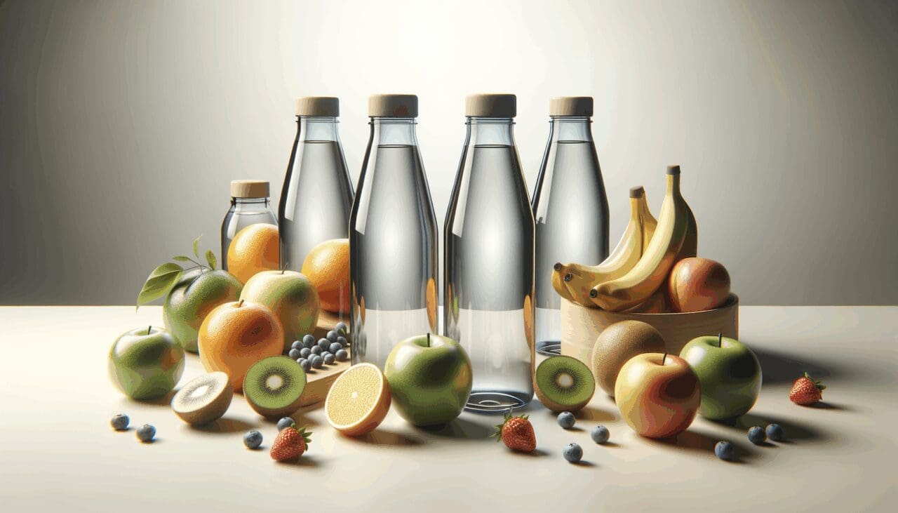 Botellas modernas y reutilizables sobre una mesa, rodeadas de frutas frescas y agua, estilo limpio y minimalista.