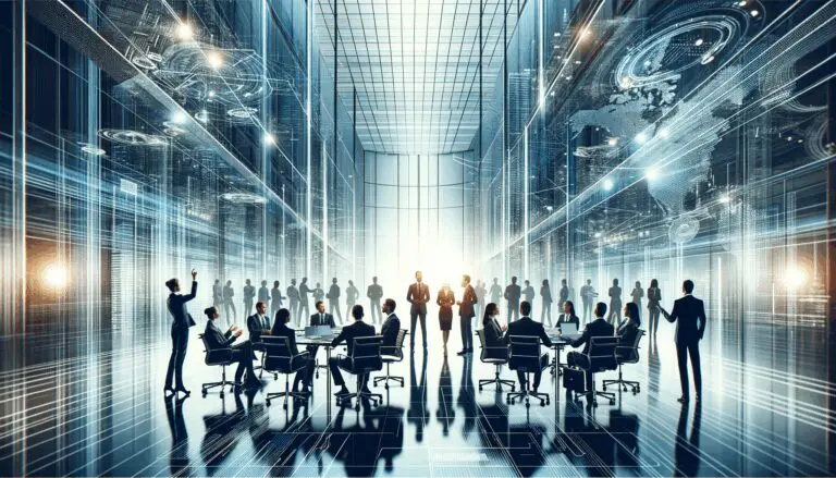 Reunión empresarial en un entorno moderno de innovación tecnológica.