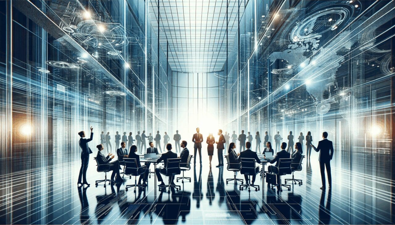 Reunión empresarial en un entorno moderno de innovación tecnológica.