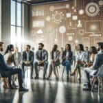 Grupo de emprendedores y ejecutivos dialogando en un espacio moderno con pantallas y gráficos tecnológicos al fondo.