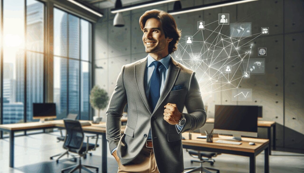 Representación de un emprendedor chileno innovando en un espacio de trabajo moderno con tecnología.