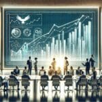 Ilustración moderna de una sala de juntas donde un equipo de emprendedores celebra tras una exitosa ronda de inversión, con gráficos digitales al fondo.