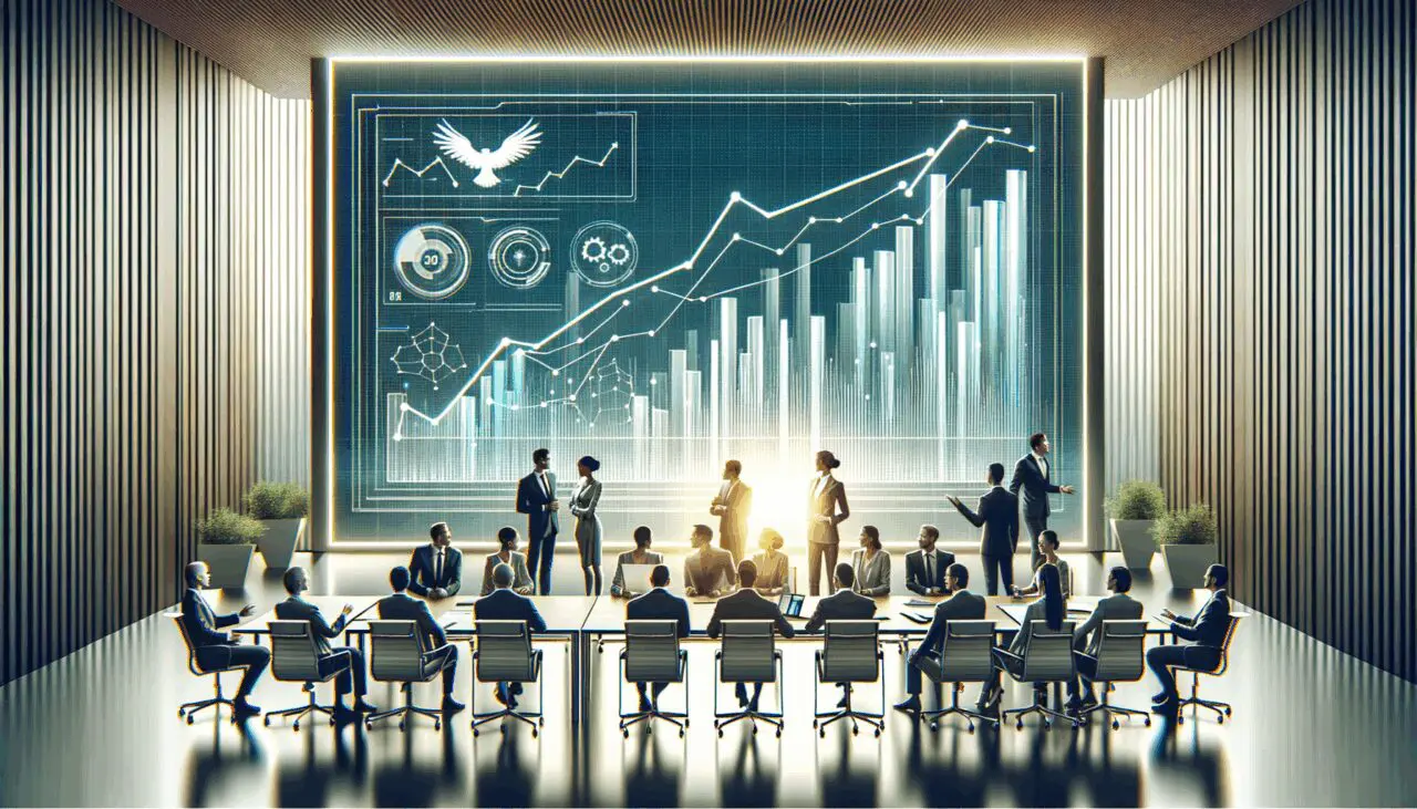 Ilustración moderna de una sala de juntas donde un equipo de emprendedores celebra tras una exitosa ronda de inversión, con gráficos digitales al fondo.