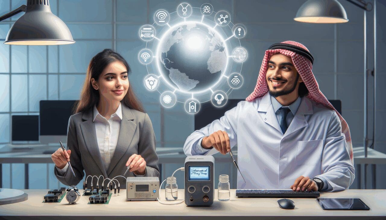 Laboratorio tecnológico con ingenieros trabajando en dispositivos IoT.