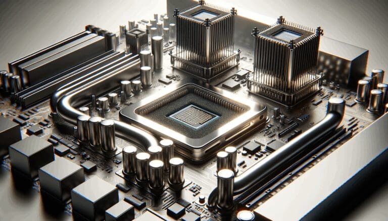 Primer plano de microchips sobre una placa base con tubos de refrigeración líquida, ambiente tecnológico y moderno.