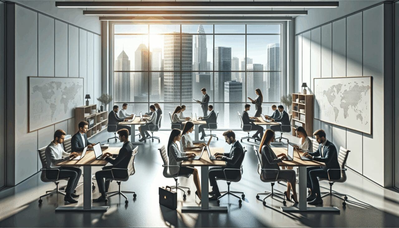 Oficina moderna con emprendedores trabajando en laptops y una ventana con vista a un skyline urbano internacional.