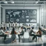 Interior moderno de un centro de innovación, mesas colaborativas, jóvenes emprendedores y pantallas con datos tecnológicos.