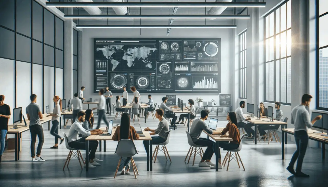 Interior moderno de un centro de innovación, mesas colaborativas, jóvenes emprendedores y pantallas con datos tecnológicos.