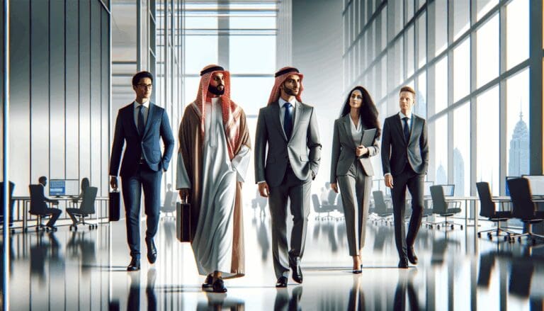 Ministro extranjero recorriendo un moderno hub tecnológico acompañado de emprendedores.