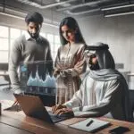 Personas colaborando frente a una laptop con gráficos financieros digitales en un espacio de coworking moderno.