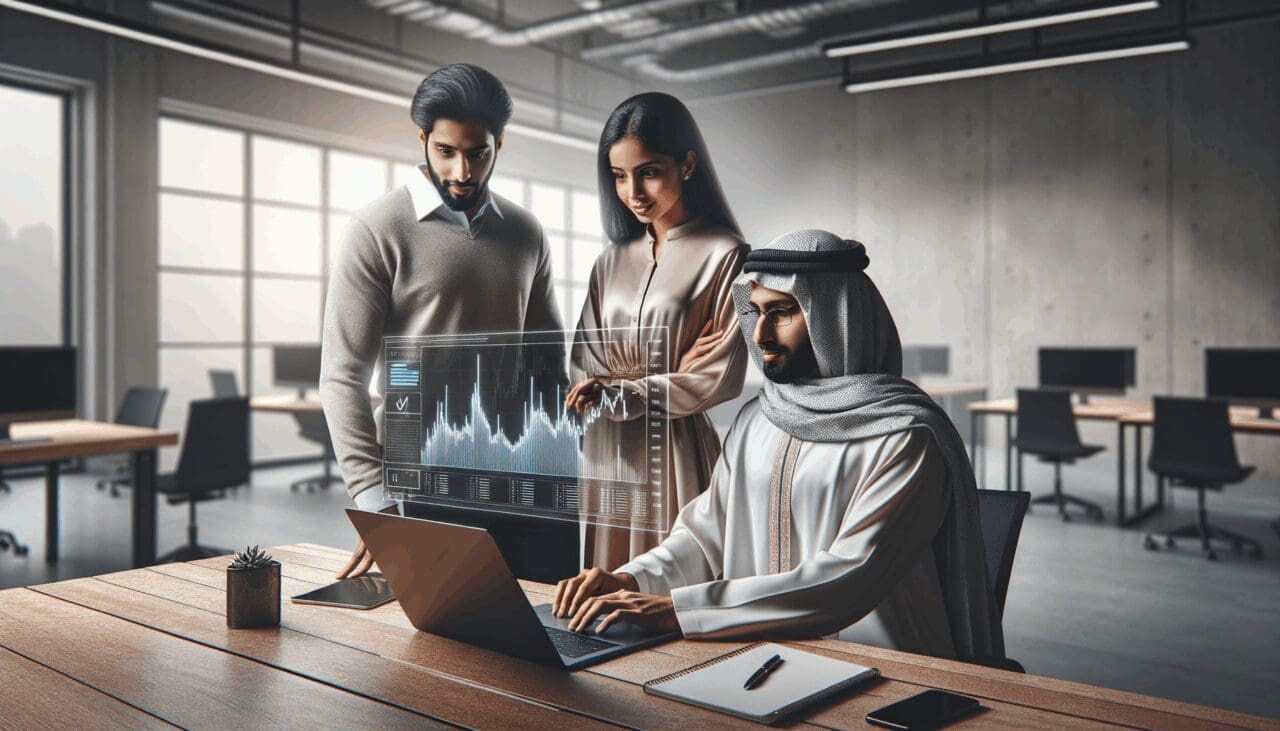 Personas colaborando frente a una laptop con gráficos financieros digitales en un espacio de coworking moderno.