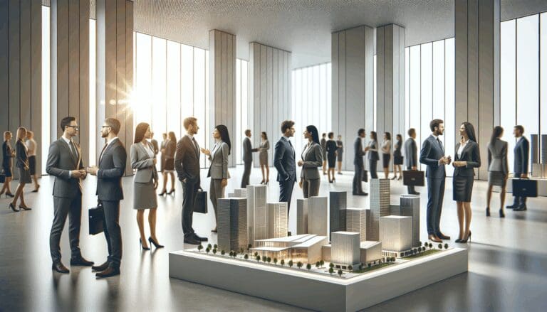 Espacio de exposición moderno y tecnológico, con emprendedores conversando junto a maquetas de edificios.