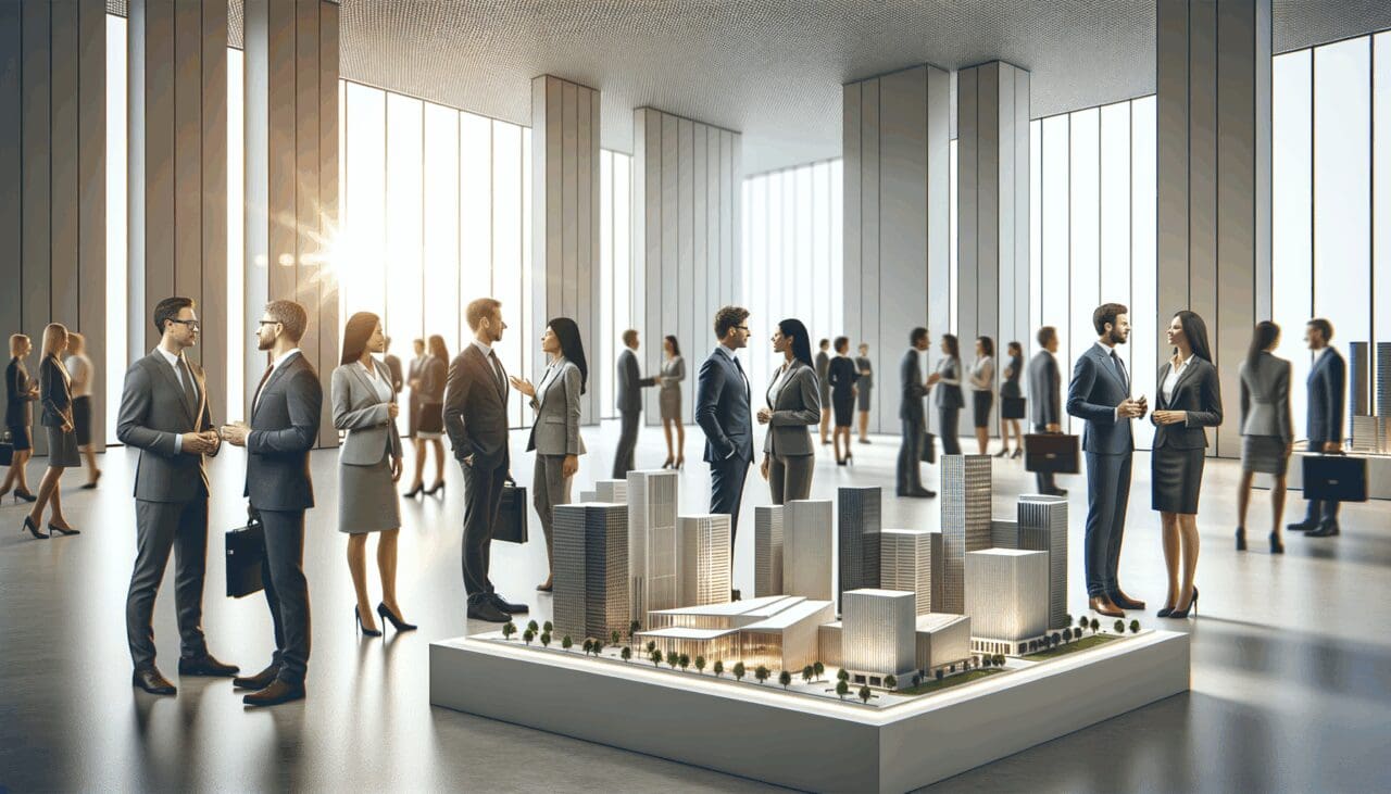 Espacio de exposición moderno y tecnológico, con emprendedores conversando junto a maquetas de edificios.