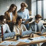 Cuatro jóvenes profesionistas colaborando en un espacio de coworking moderno, con laptops y aplicaciones financieras en pantallas.