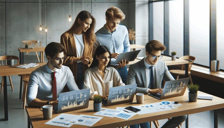 Cuatro jóvenes profesionistas colaborando en un espacio de coworking moderno, con laptops y aplicaciones financieras en pantallas.