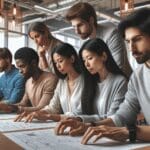 Equipo tecnológico desarrollando soluciones digitales en una cafetería moderna y luminosa.