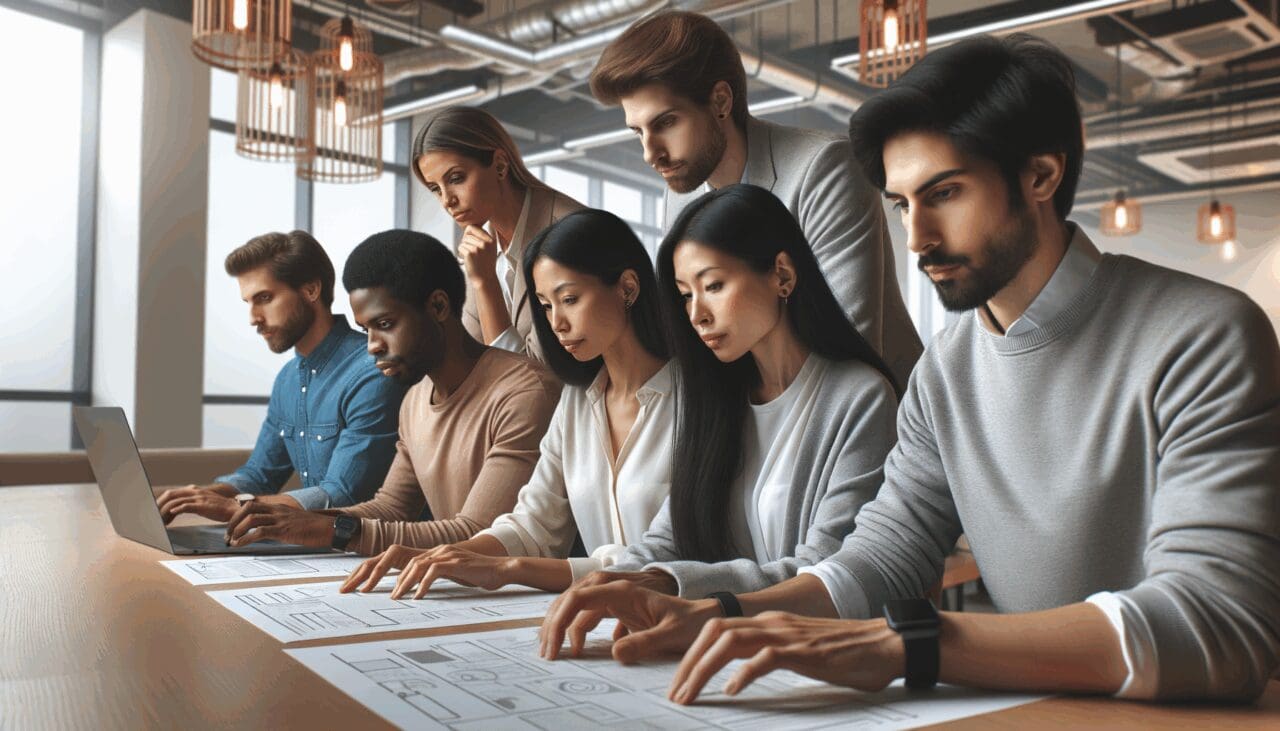 Equipo tecnológico desarrollando soluciones digitales en una cafetería moderna y luminosa.