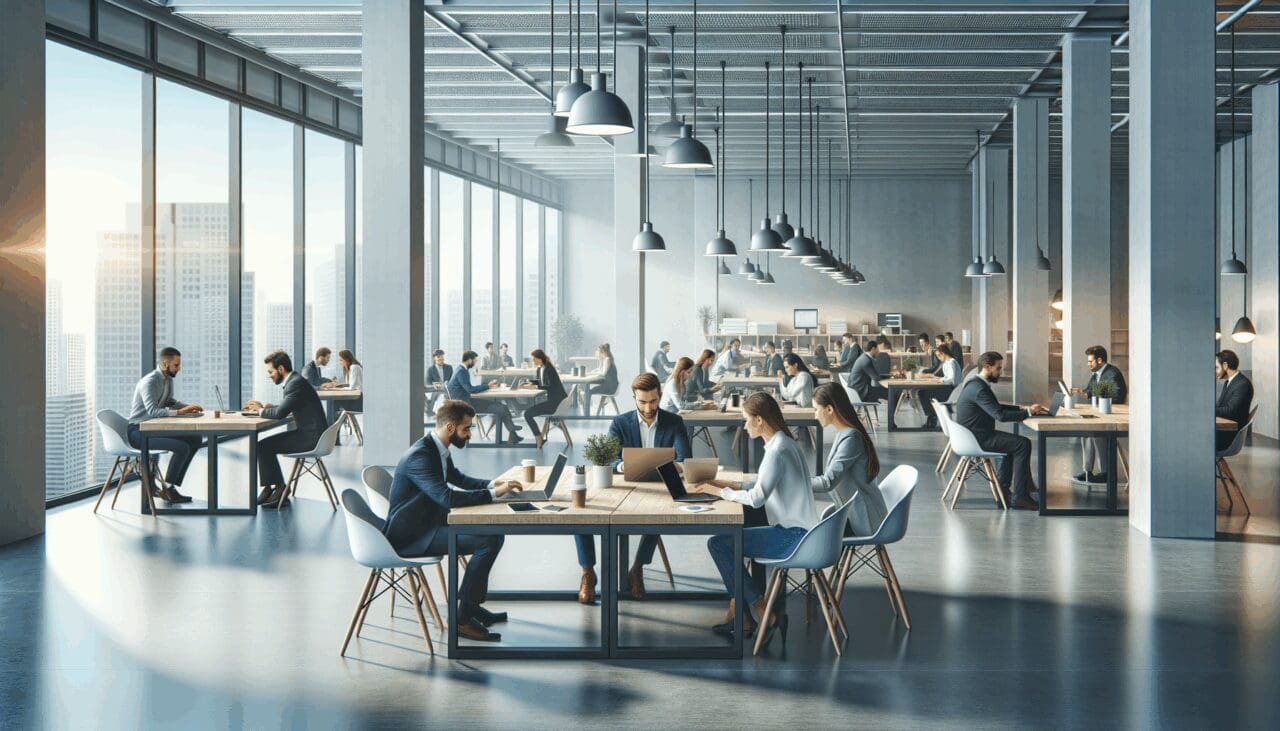 Espacio moderno de coworking con emprendedores colaborando en laptops y mesas abiertas, ambiente luminoso y creativo.