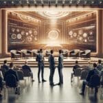 Emprendedores conversando frente a un escenario tecnológico en un auditorio moderno, iluminación cálida.