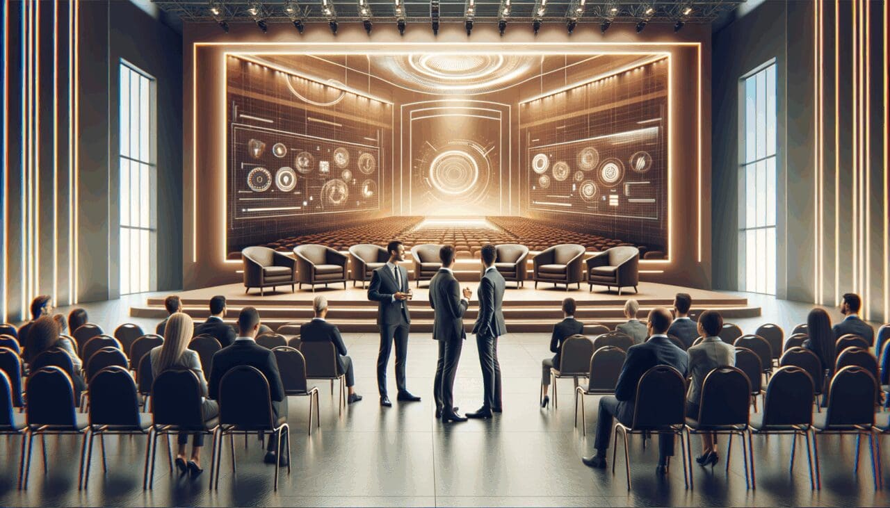 Emprendedores conversando frente a un escenario tecnológico en un auditorio moderno, iluminación cálida.