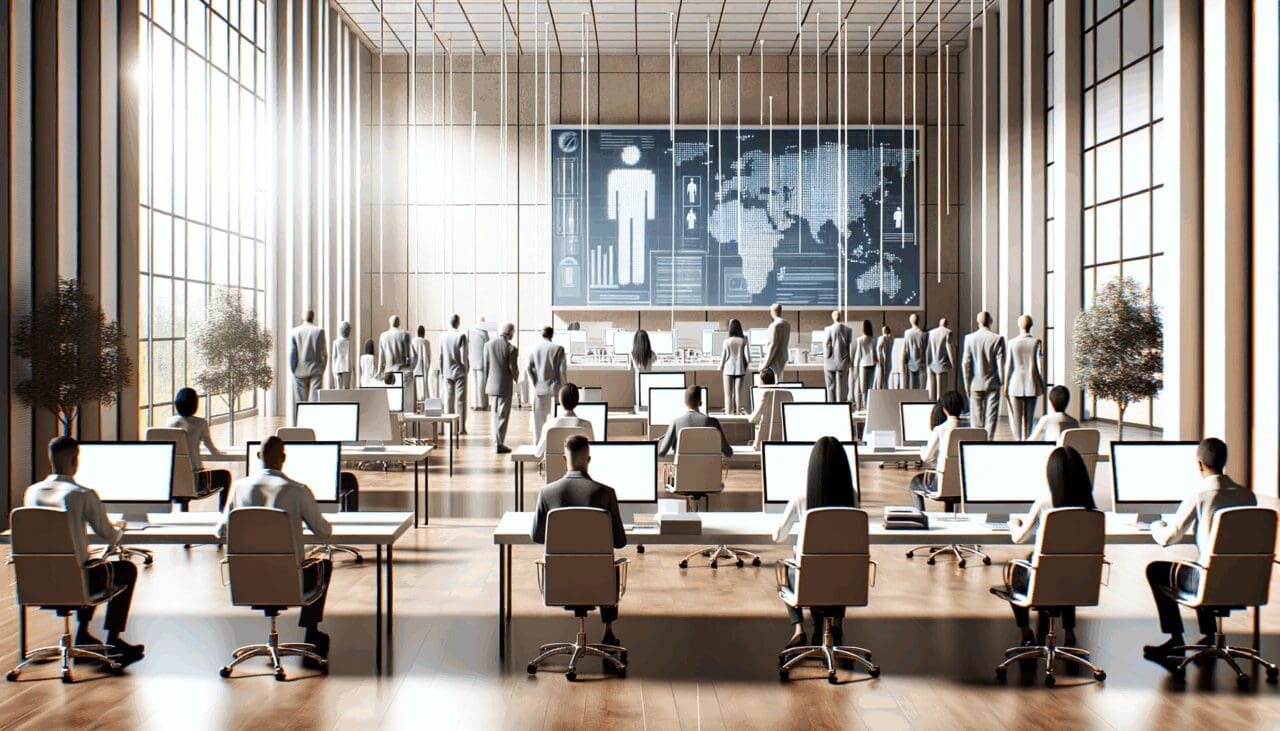 Fotografía de computadoras en una sala moderna con personas trabajando en una solución tecnológica de votación digital.