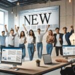 Emprendedores jóvenes celebrando en un espacio de coworking moderno, laptops y pantallas digitales al fondo.