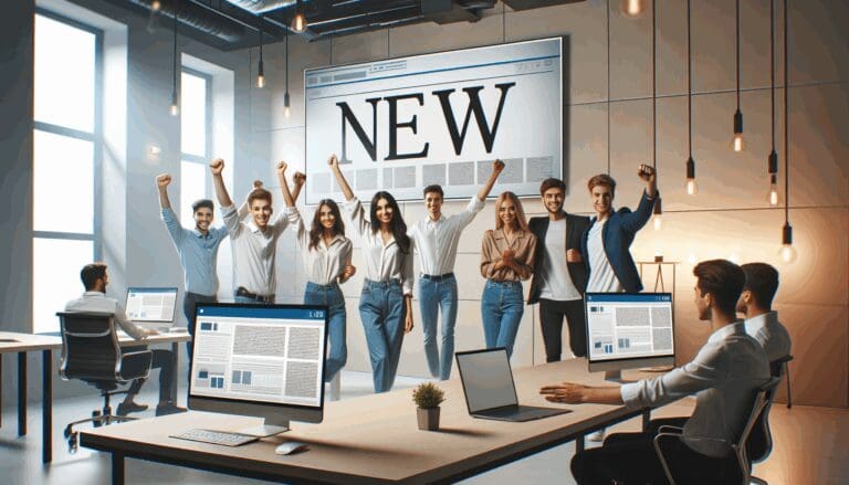 Emprendedores jóvenes celebrando en un espacio de coworking moderno, laptops y pantallas digitales al fondo.