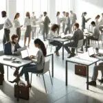 Oficina moderna con jóvenes profesionales colaborando frente a laptops en un espacio abierto y luminoso.