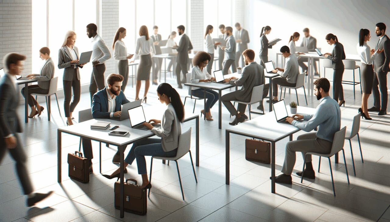Oficina moderna con jóvenes profesionales colaborando frente a laptops en un espacio abierto y luminoso.