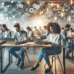 Un grupo diverso de jóvenes trabajando en laptops en una oficina moderna de coworking, con detalles tecnológicos y un ambiente dinámico.