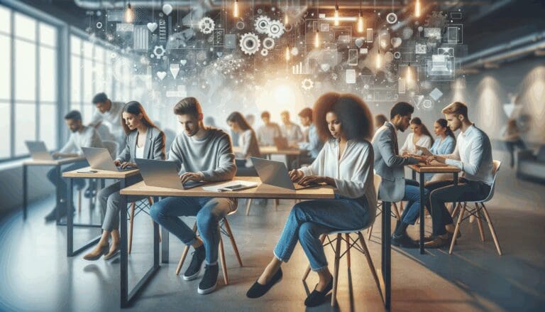 Un grupo diverso de jóvenes trabajando en laptops en una oficina moderna de coworking, con detalles tecnológicos y un ambiente dinámico.