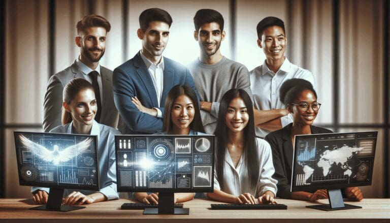 Equipo multicultural colaborando alrededor de pantallas con gráficos digitales en una oficina moderna.