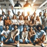 Fotografía de un equipo startup celebrando en un espacio de coworking moderno y luminoso.