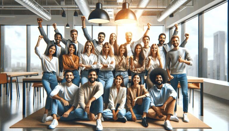 Fotografía de un equipo startup celebrando en un espacio de coworking moderno y luminoso.