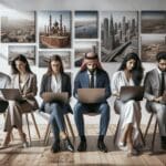 Grupo diverso de jóvenes emprendedores colaborando en un espacio de trabajo moderno con portátiles y una pared con fotos de diversas locaciones.