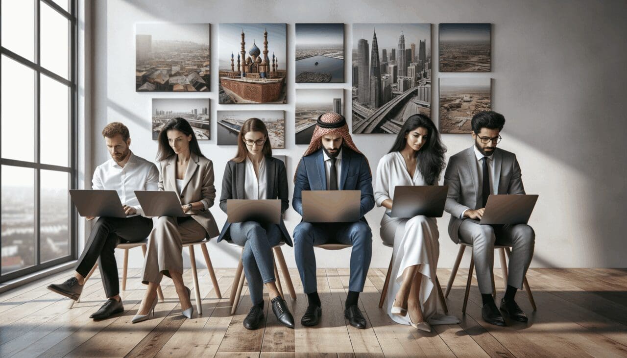 Grupo diverso de jóvenes emprendedores colaborando en un espacio de trabajo moderno con portátiles y una pared con fotos de diversas locaciones.