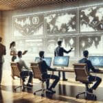 Oficina moderna con emprendedores colaborando y gráficas digitales de criptomonedas en pantallas.