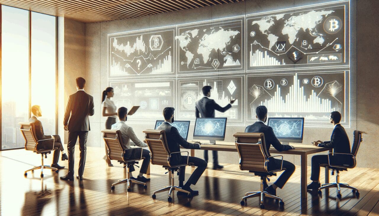 Oficina moderna con emprendedores colaborando y gráficas digitales de criptomonedas en pantallas.
