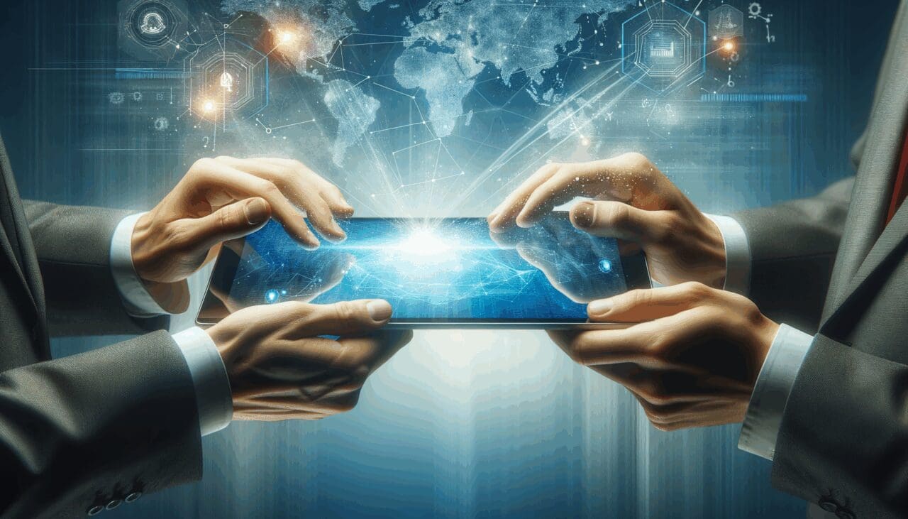 Primer plano de manos intercambiando tabletas digitales sobre un fondo azul tecnológico, gráficos de datos difusos.
