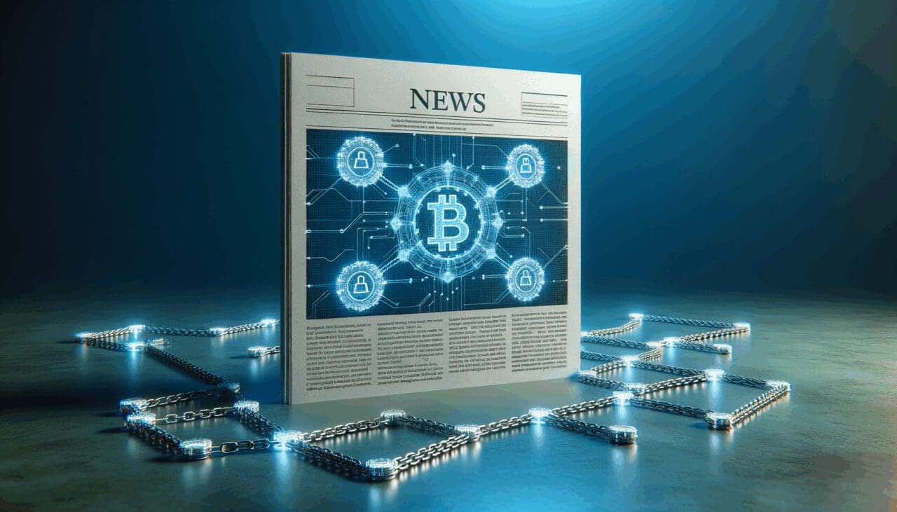 Representación digital de la tecnología blockchain con cadenas y nodos conectados sobre un fondo azul moderno.