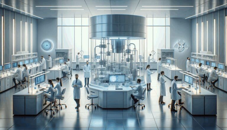 Laboratorio biomédico moderno con científicos trabajando y equipos tecnológicos de última generación.