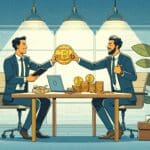 Ilustración de dos emprendedores latinoamericanos intercambiando criptomonedas sobre una mesa de trabajo moderna.