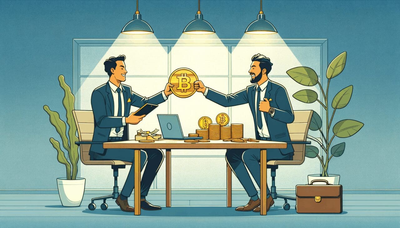 Ilustración de dos emprendedores latinoamericanos intercambiando criptomonedas sobre una mesa de trabajo moderna.
