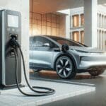 Primer plano de un auto eléctrico conectado a una estación de carga en un entorno urbano moderno.