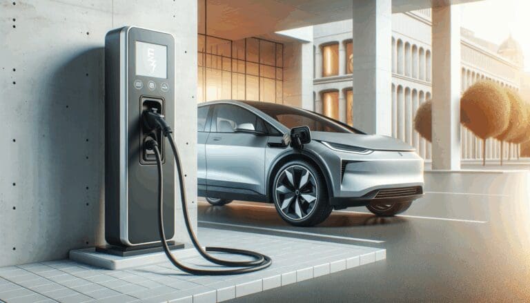 Primer plano de un auto eléctrico conectado a una estación de carga en un entorno urbano moderno.