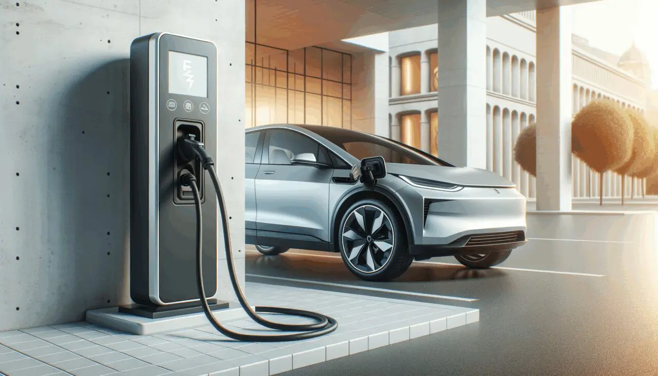 Primer plano de un auto eléctrico conectado a una estación de carga en un entorno urbano moderno.