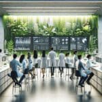 Laboratorio de biotecnología contemporáneo con científicos y pantallas de datos rodeados de vegetación.